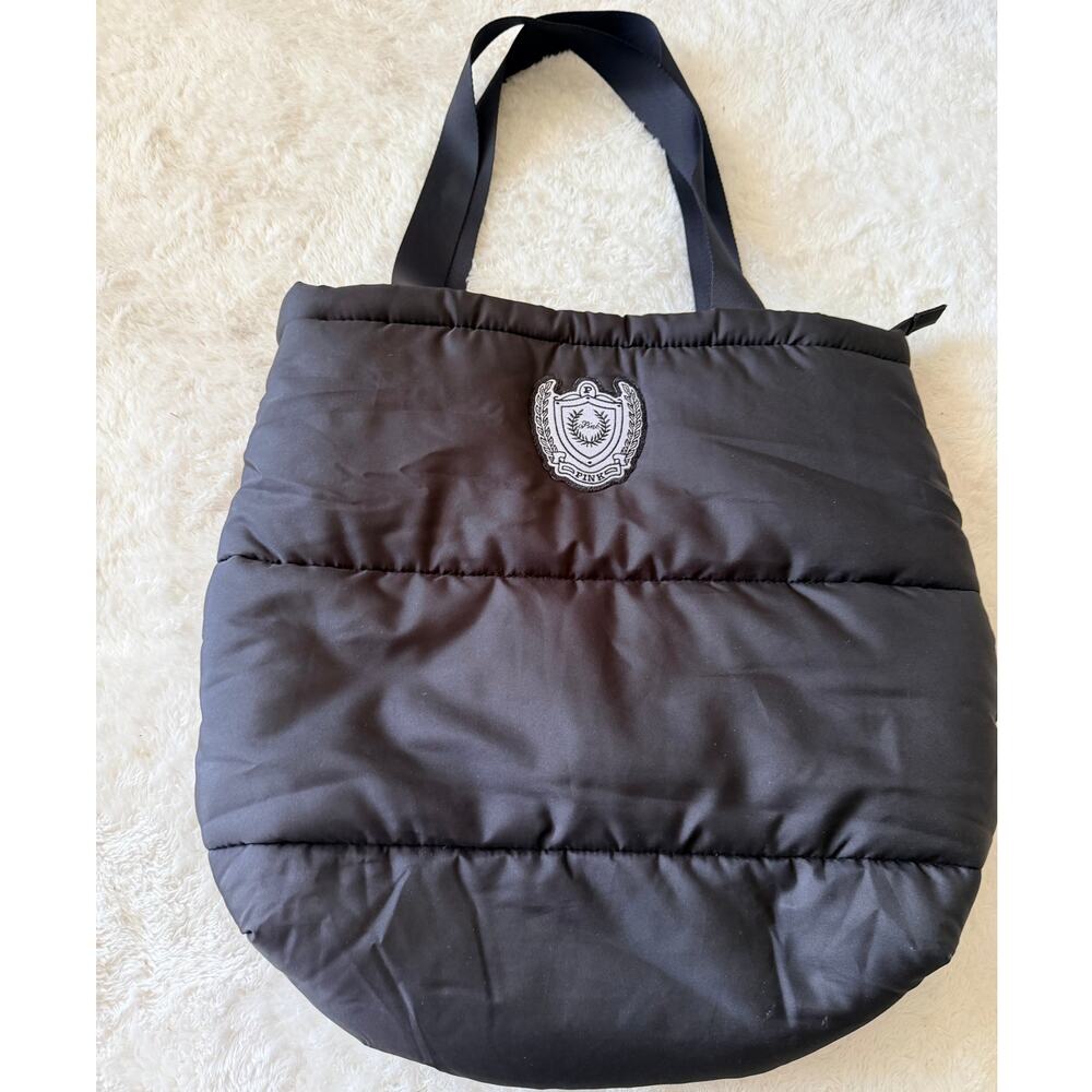 PINK Victoria’s Secret Black Quilted Puffer Tote Bag Crest Patch Travel Gym - Picture 2 of 7